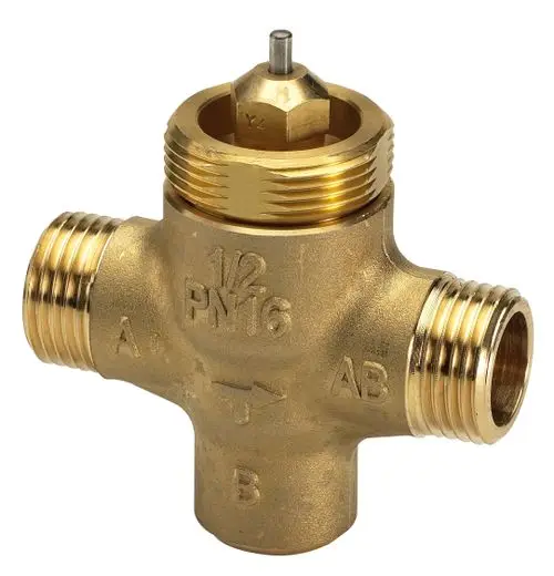 Bronzefarbendes Ventil mit mehreren Anschlussmöglichkeiten, gefertigt von Danfoss. Es zeigt eine zentrale Steuermechanik und ist für Wasseranwendungen konzipiert.