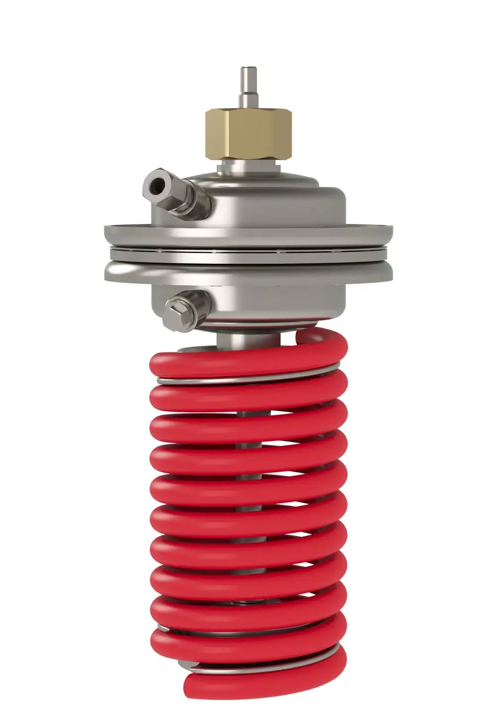 Danfoss Druckregler mit roter Spiralfeder und metallischem Gehäuse, ausgestattet mit mehreren Anschlüssen für Drucksteuerung und Überströmregulierung.