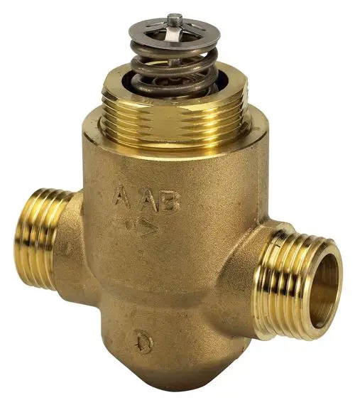 Danfoss Durchgangsventil aus Messing mit zwei Außengewindeanschlüssen und einer Feder im oberen Bereich zur Regelung des Durchflusses.