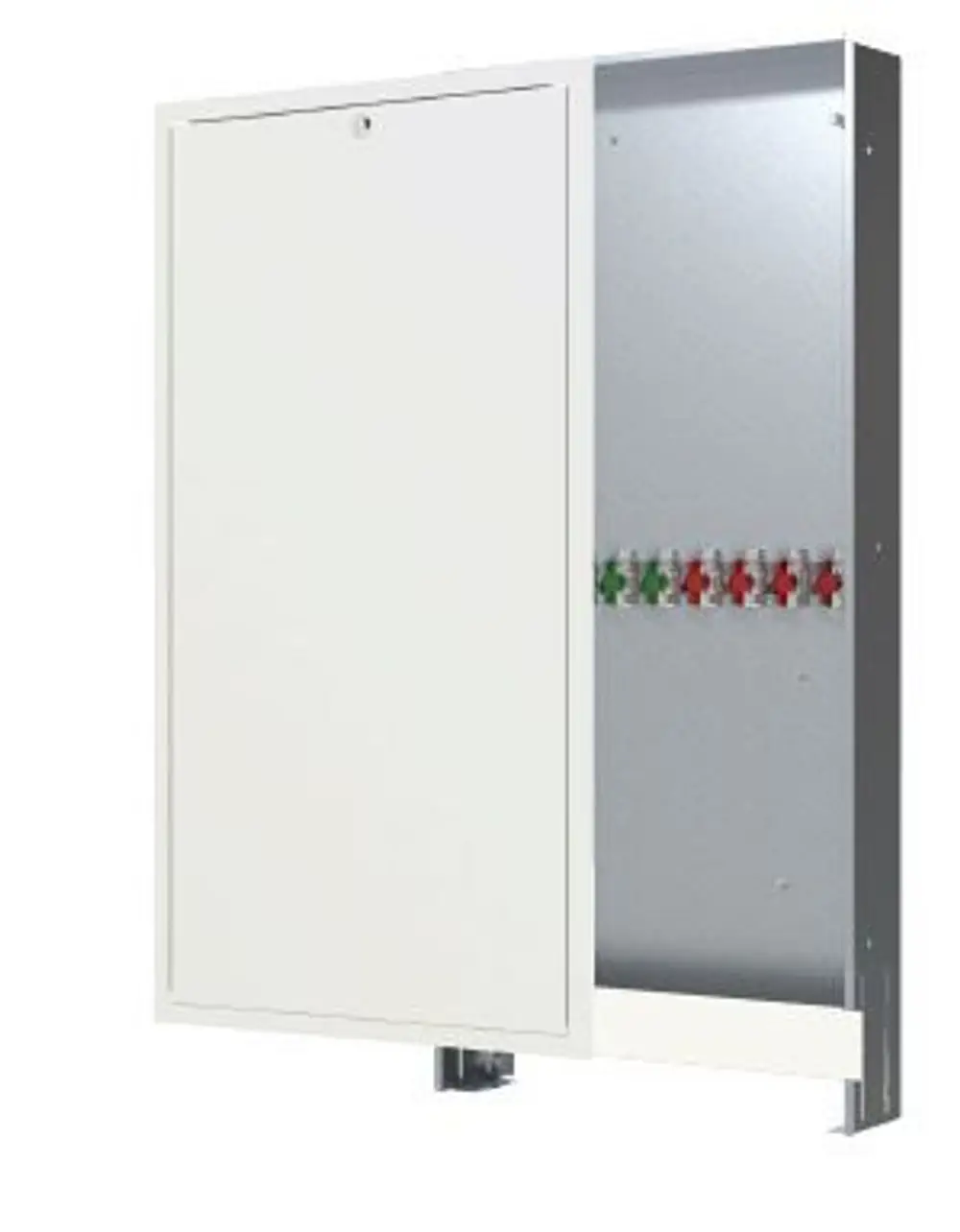 Sichtteil eines Unterputzkastens in Weiß mit Pulverbeschichtung. Der Innenraum zeigt montierte Anschlussmöglichkeiten. Produkt von Danfoss.