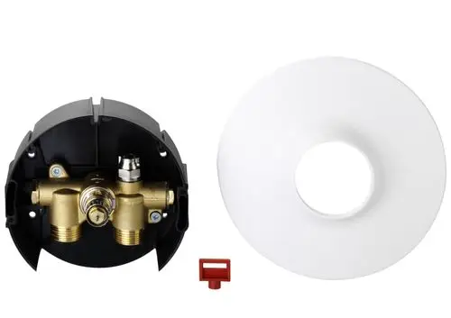 Danfoss Wandeinbaukasten mit einem bräunlichen Armaturenteil, zwei Gewindeanschlüssen und einem weißen Abdeckring zur Installation in Wänden.