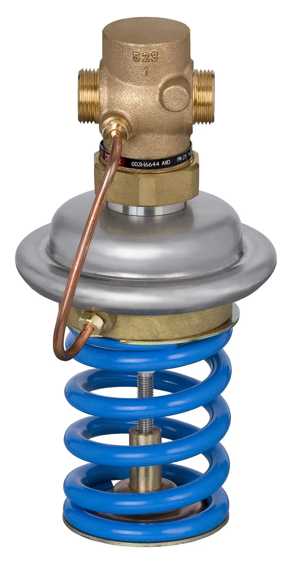 Druckminderer von Danfoss mit einem bronzenen Gehäuse und einem blauen Federmechanismus. Sichtbar sind Anschlussgewinde und ein Kupferrohr.