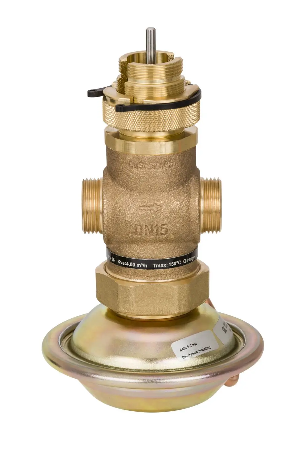 Danfoss Volumenstromregler mit Stellventil, mit einem Anschlussteil und einer runden Basis, geeignet zur Regulierung von Durchfluss in Heizungsanwendungen.