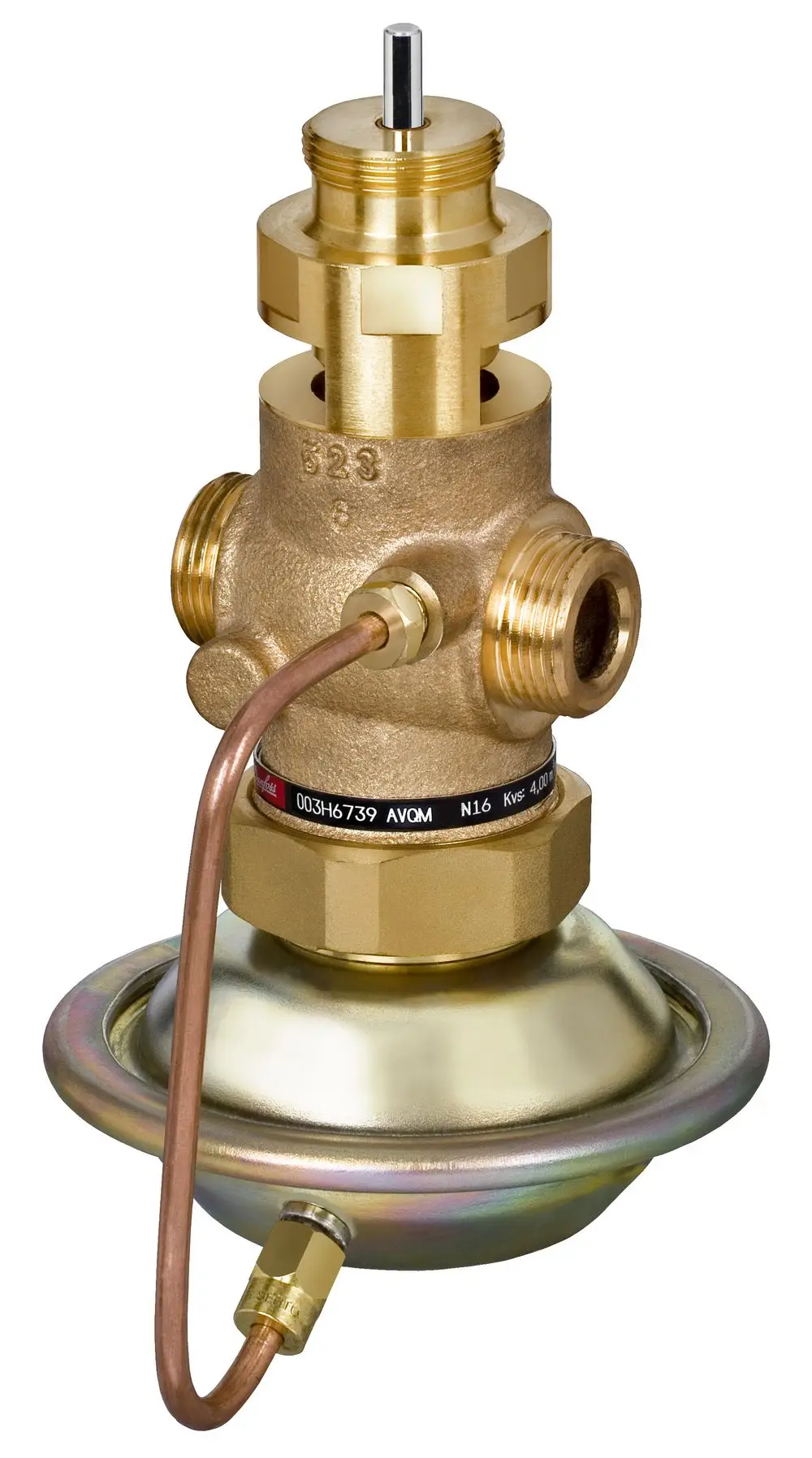 Danfoss-Volumenstromregler aus Messing mit mehreren Anschlüssen und einem Anschluss für eine Steuerleitung. Robust und für den Einsatz in Heizungsanlagen konzipiert.