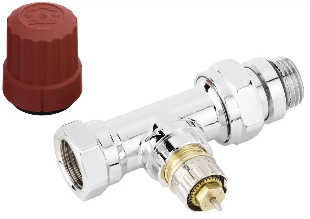 Chromiertes Ventilgehäuse von Danfoss mit einer roten Abdeckung. Das Objekt hat Anschlussstellen und ist zur Regulierung von Wasser- oder Heizungsanlagen geeignet.