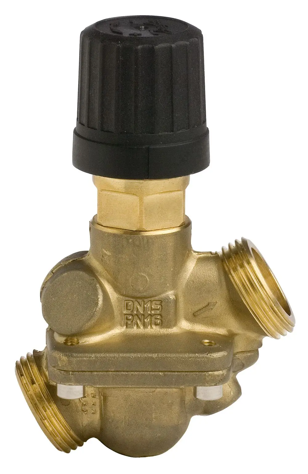 Danfoss Volumenstromregler in Messing mit schwarzem Kopf; ausgestattet mit zwei Anschlussgewinde für Rohrleitungen, zur Anpassung des Durchflusses geeignet.