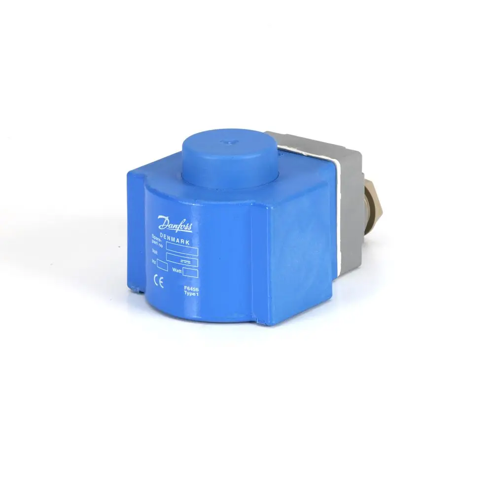 Magnetventil-Spule von Danfoss in blauer Farbe, mit elektrischen Anschluss und einem rechteckigen Gehäuse. Geeignet für den Einsatz mit Gleichspannung.