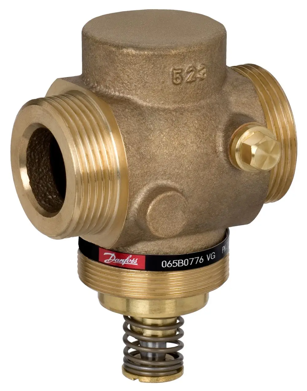 Brass Durchgangsventil von Danfoss mit mehreren Anschlüssen und Federmechanismus. Geeignet für Druckanwendungen bis PN25.