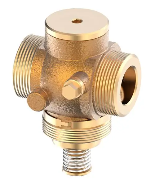 Danfoss-Ventil mit mehreren Gewindeanschlüssen, aus messingfarbenem Material, standardisierte Form für Durchflusskontrolle in Rohrleitungssystemen.