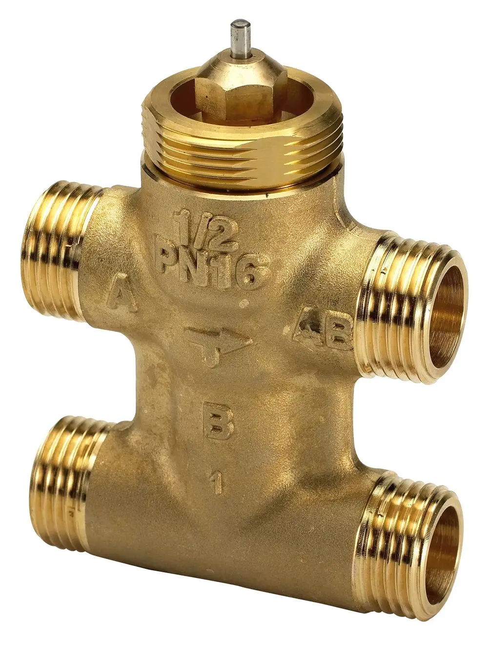 4-Wege-Ventil aus Messing von Danfoss mit mehreren Anschlussmöglichkeiten und sichtbarem Mittelloch für Flüssigkeitsstromregelungen.