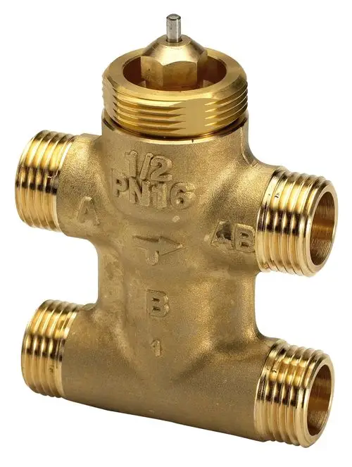 4-Wege-Ventil aus Messing von Danfoss mit mehreren Anschlussmöglichkeiten und sichtbarem Mittelloch für Flüssigkeitsstromregelungen.
