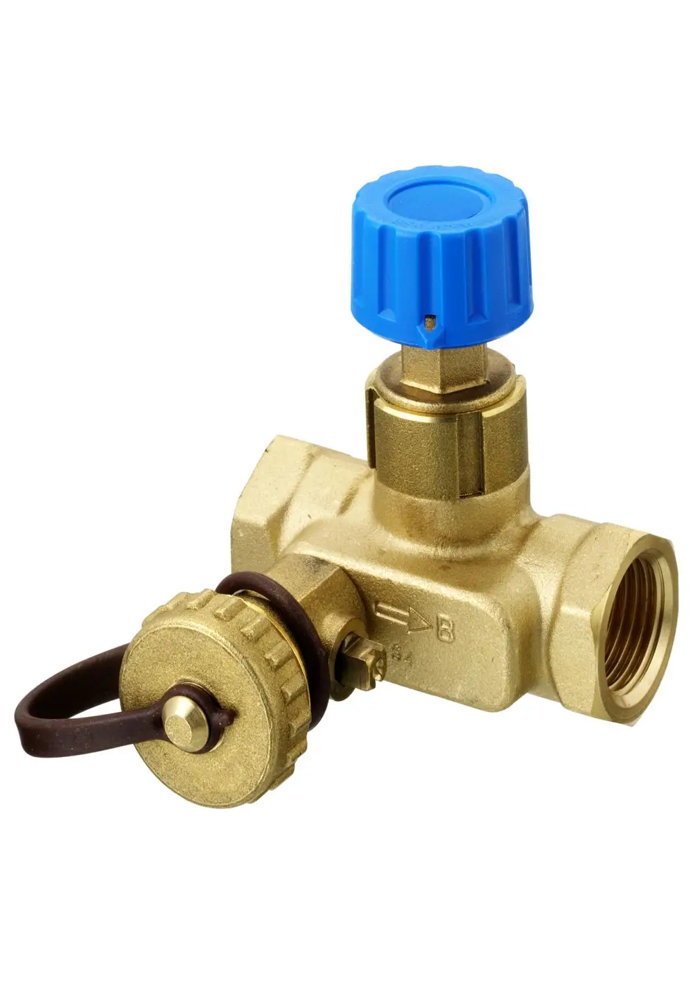 Strangabsperrventil von Danfoss mit blauer Drehknopf und seitlichem Anschluss. Es hat eine robuste Bauweise aus Messing für effiziente Steuerung des Durchflusses.