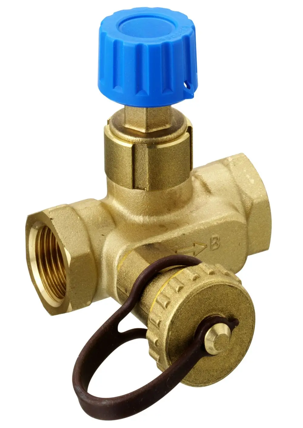 Danfoss Strangabsperrventil mit blauem Bedienknopf und braunem Sicherungsmechanismus, aus Messing gefertigt, mit Gewindeanschlüssen und Pfeil zur Strömungsrichtung.