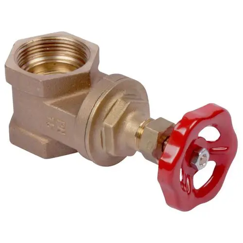 Grundfos Absperrschieber mit rotem Handrad und metallischem Gehäuse. Das Produkt hat ein Anschlussgewinde für die Rohrinstallation.