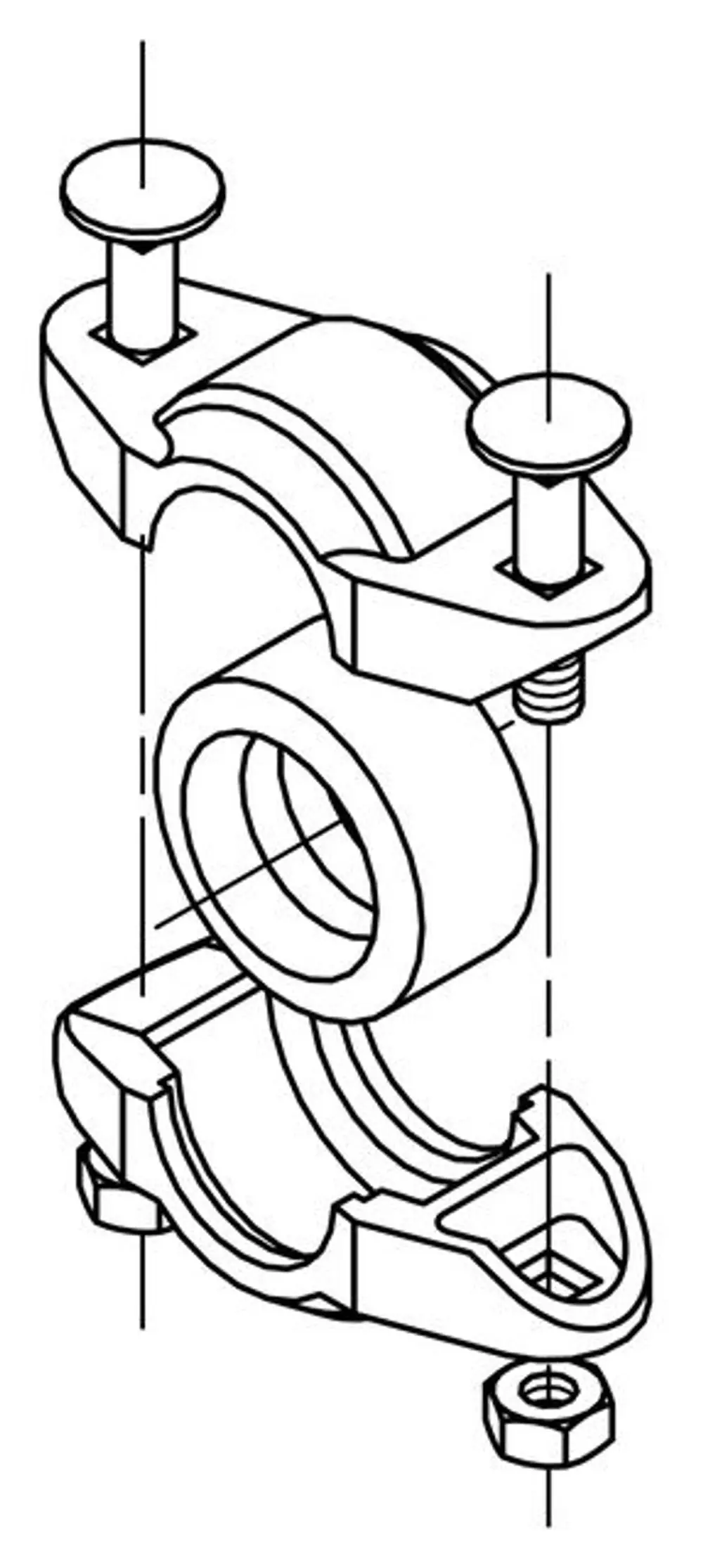 Montagezeichnung für eine Grundfos Kupplung mit Schrauben und einer Mutter, die zur Verbindung von Druckmodulen dient. Detailansicht einer Kupplungskomponente.