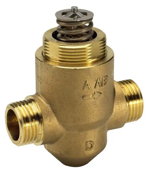 Durchgangsventil aus Messing mit zwei Anschlussgewinden. Oben befindet sich eine Feder mit Ventilkegel. Produkt von Danfoss.