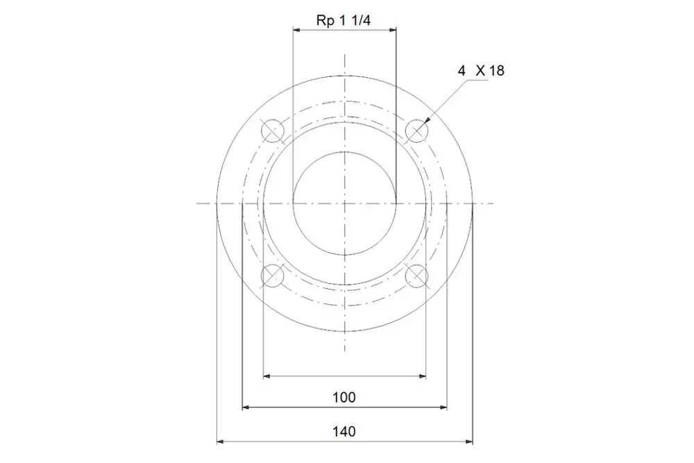 Flansch mit einem zentralen Loch und vier Schraubenlöchern, schematisch dargestellt. Produkt von Grundfos für Druckerhöhungsanlagen.