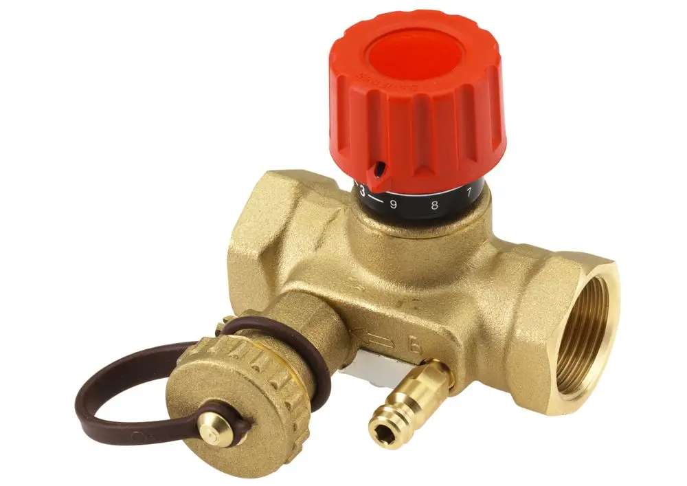 Messventil von Danfoss mit rotem Einstellknopf und goldfarbener Oberfläche. An einer Seite befindet sich ein Anschluss für einen Schlauch.