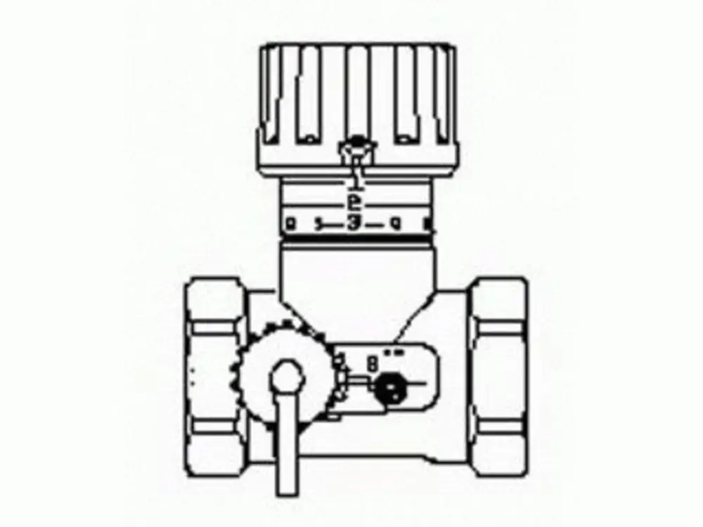 Danfoss Regulier- und Messventil, zeichnerische Darstellung mit Stellrad und Anschlussanschlüssen, geeignet für Heizungsinstallationen.
