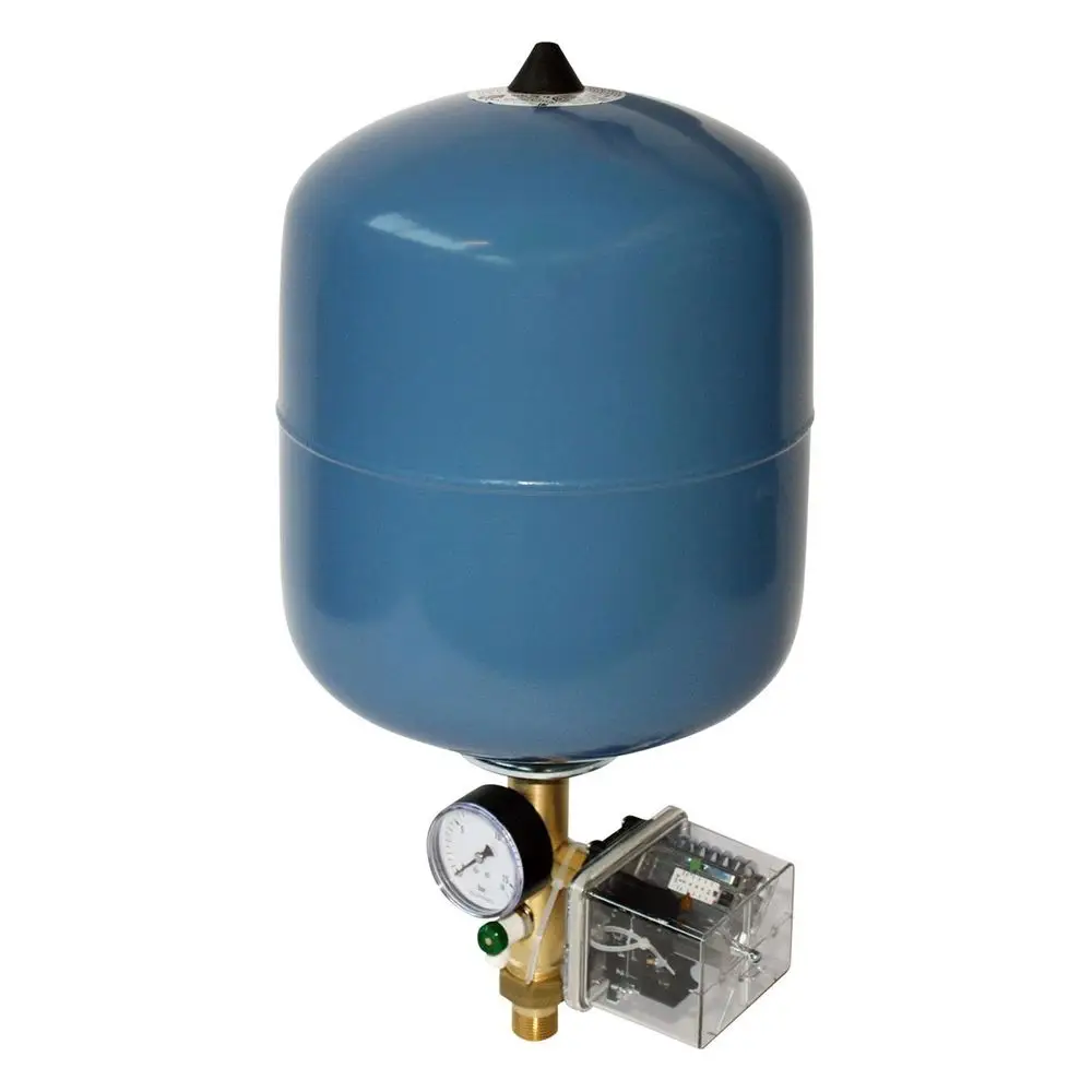 Grundfos Drucksteuereinheit für Unterwasserpumpen mit einem runden, blauen Druckbehälter, einer Manometeranzeige und einem Steuergerät aus Kunststoff.