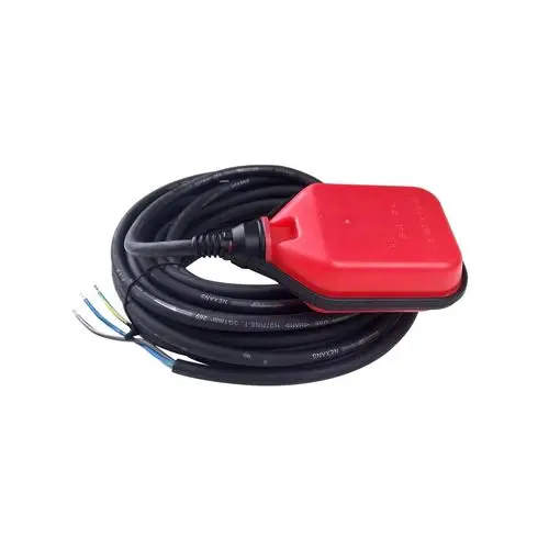 Schwimmerschalter mit rotem Gehäuse von Grundfos, verbunden mit einem Kabel, das mehrere Adern in verschiedenen Farben zeigt, geeignet zur Steuerung von Pumpenanlagen.