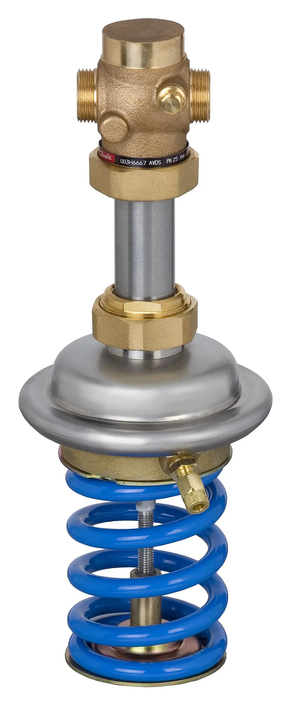 Danfoss Druckminderer mit metallischem Gehäuse, einem blau lackierten Federsystem und Anschlussstellen für die Druckregelung.