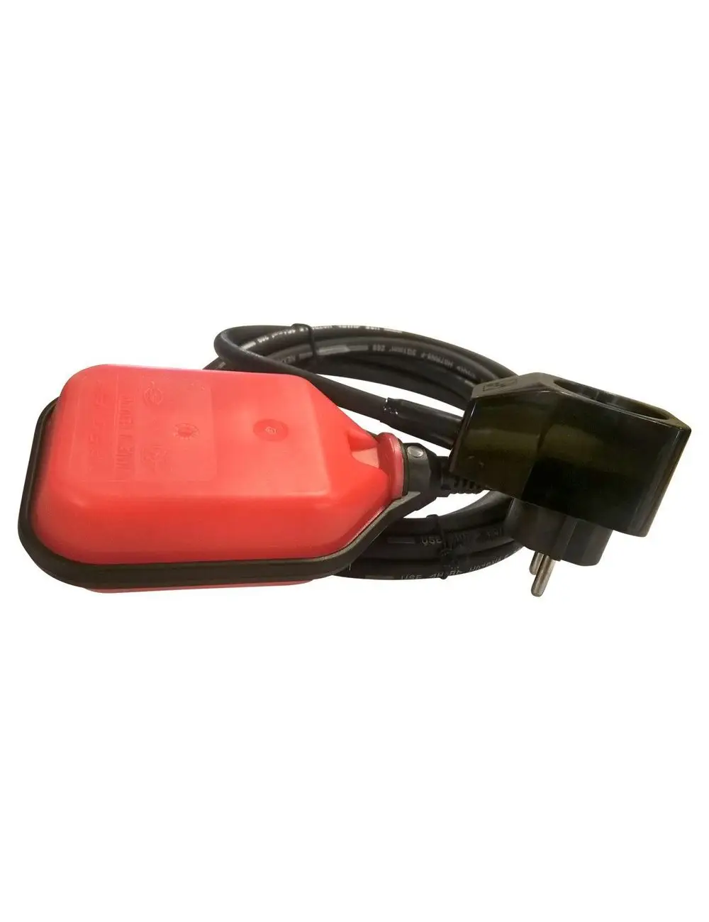 Grundfos Zubehör mit roten Schwimmerschalter und Stecker, verbunden durch ein flexibles Kabel, geeignet für die Anwendung in Wasserentleerungssystemen.