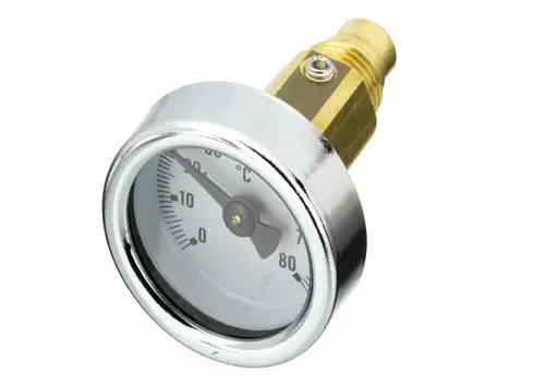 Thermometer mit Adapter für Strangventile, aus verchromtem Metall und Plastik, zeigt Temperatur in Celsius an, geeignet für Heizungsanwendungen, Marke Danfoss.
