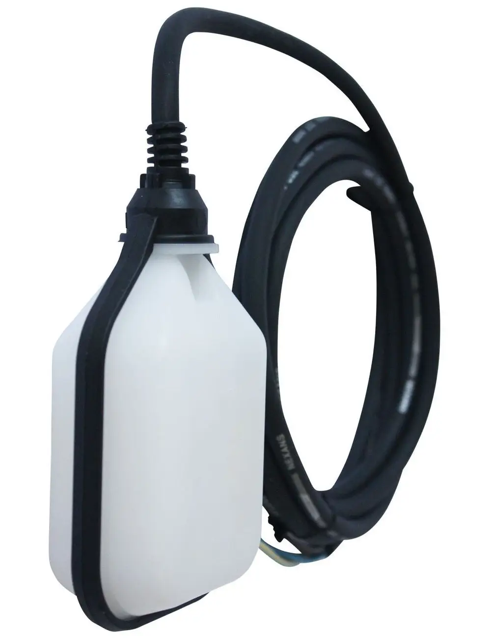 Schwimmerschalter von Grundfos mit einem weißen, ergonomischen Gehäuse und flexiblen Kabeln zur Steuerung von Pumpen oder Füllsystemen.