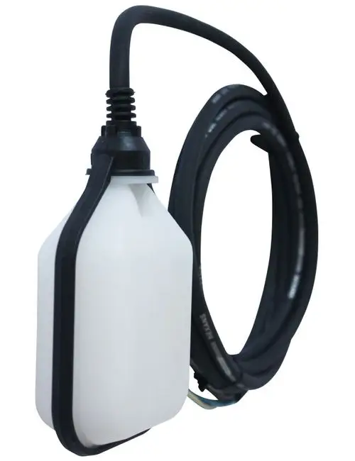 Schwimmerschalter von Grundfos mit einem weißen, ergonomischen Gehäuse und flexiblen Kabeln zur Steuerung von Pumpen oder Füllsystemen.