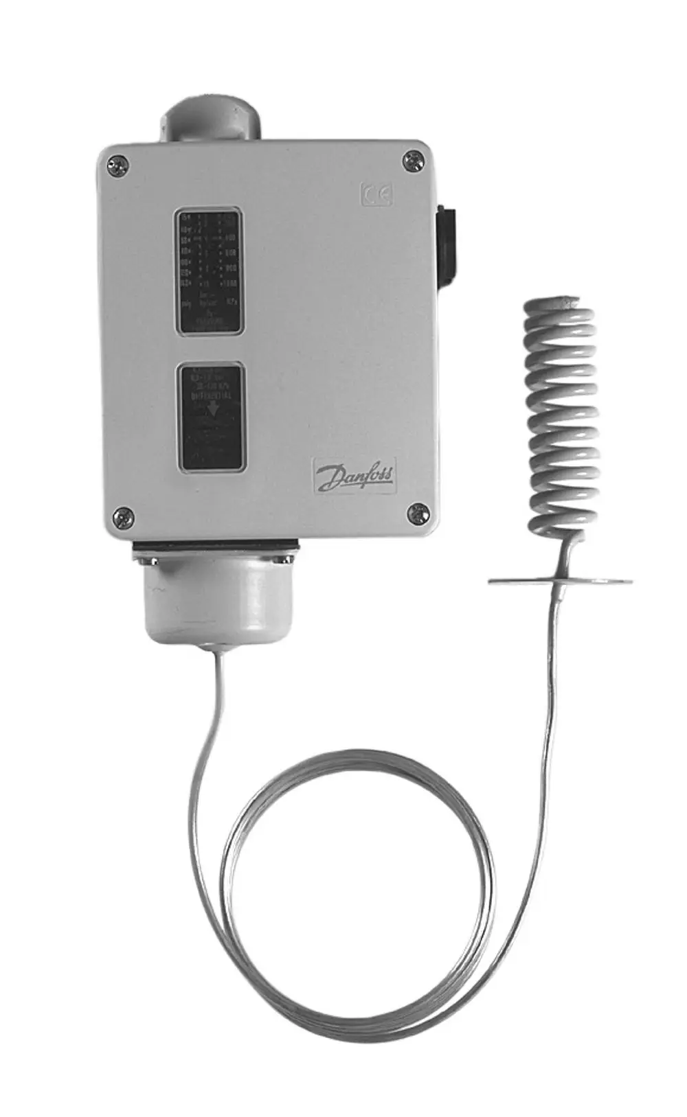 Danfoss Raumthermostat mit einer Fühlerspirale. Gehäuse in Grau, zwei Schalter auf der Vorderseite und ein Spiralsensor, der verbunden ist.