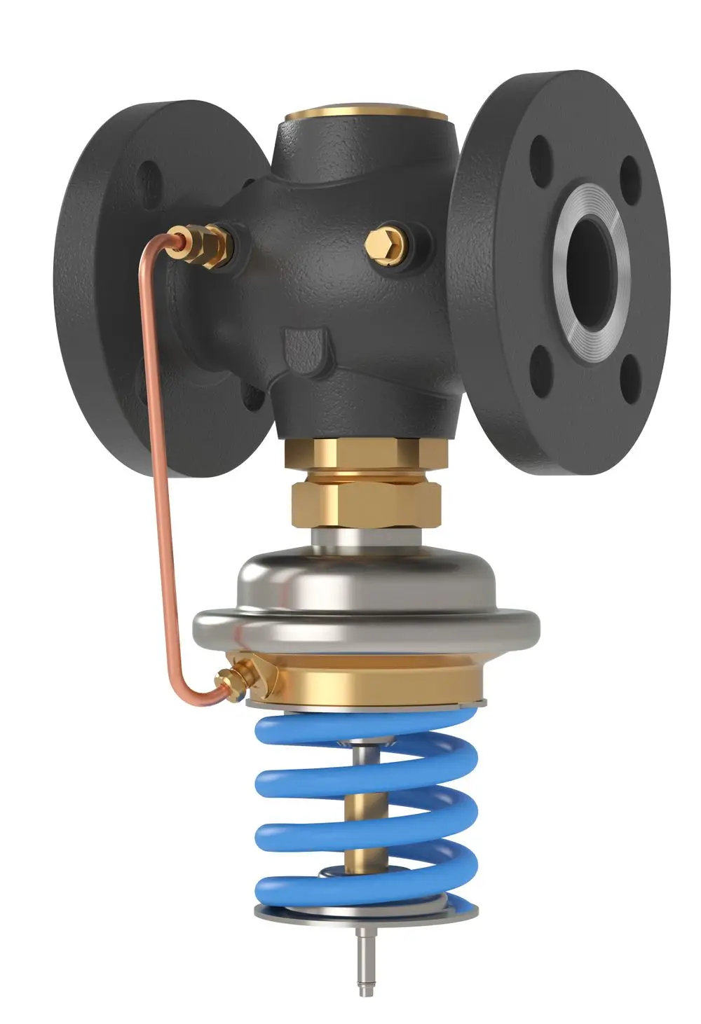 Druckminderer von Danfoss mit Flanschanschlüssen, sichtbar sind eine Kupferleitung, eine Feder und ein Edelstahlteil. Einsatz zur Druckregelung in Rohrleitungssystemen.