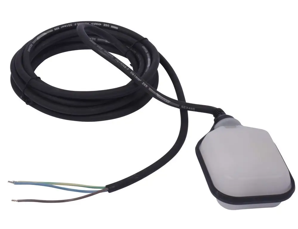 Schwimmerschalter mit Kabel, verbunden mit einem Stecker. Das Produkt stammt von Grundfos und ist für die Steuerung von Pumpen in Wasseranwendungen geeignet.