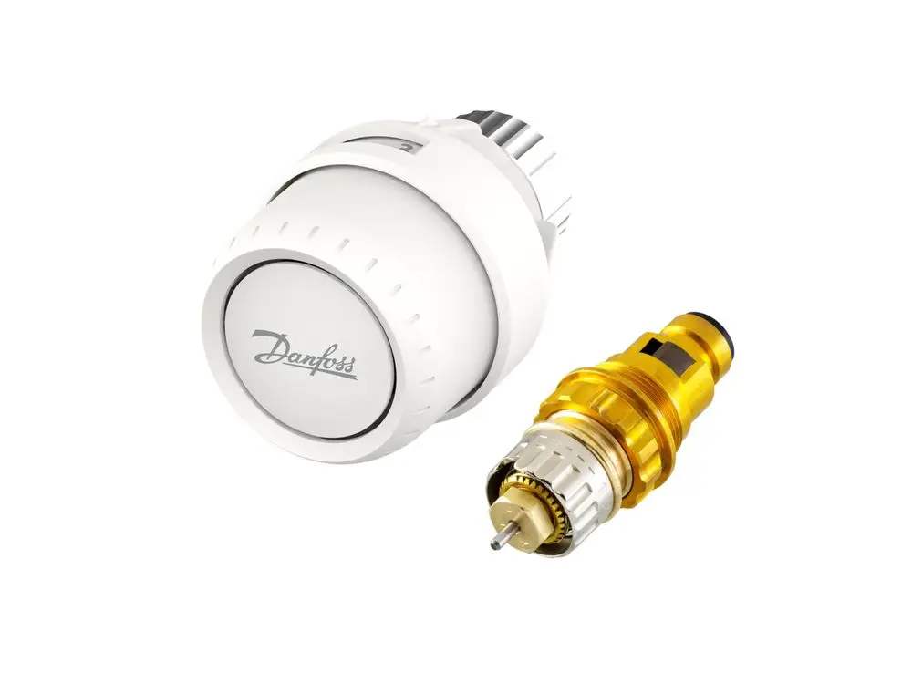 Danfoss Thermostatkopf und Ventileinsatz in einem Set. Der Kopf hat ein modernes Design, der Ventileinsatz ist für Heizungsanwendungen geeignet.
