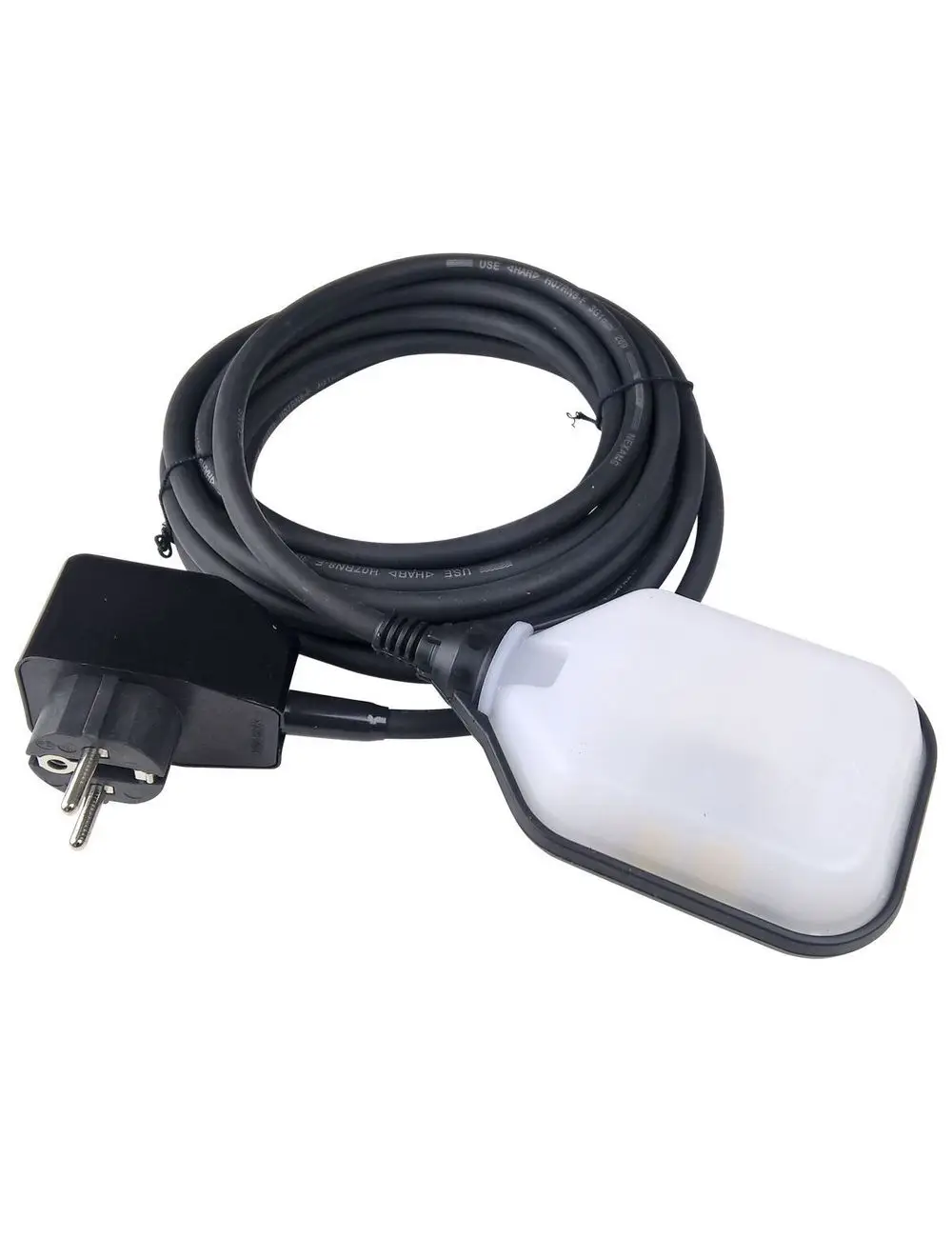 Schwimmerschalter mit Stecker und 5 Metern Kabel von Grundfos. Der schwimmende Sensor ist in einem weißen Gehäuse untergebracht.