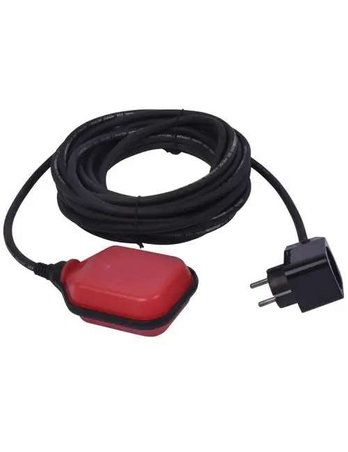 Schwimmerschalter von Grundfos mit einem roten Gehäuse und einem schwarzen Stecker. Der Kabelbewurf ist schwarz, mit einer Länge von etwa 10 Metern.