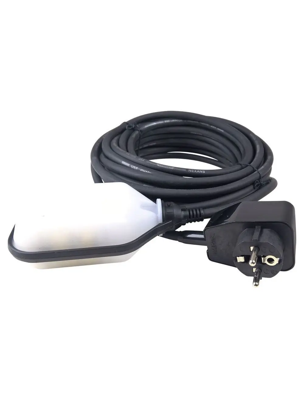 Kabel mit Schwimmerschalter und Stecker, hergestellt von Grundfos. Der Schwimmerschalter ist an einem langen, flexiblen Kabel befestigt, das für den Einsatz in Wasser geeignet ist.
