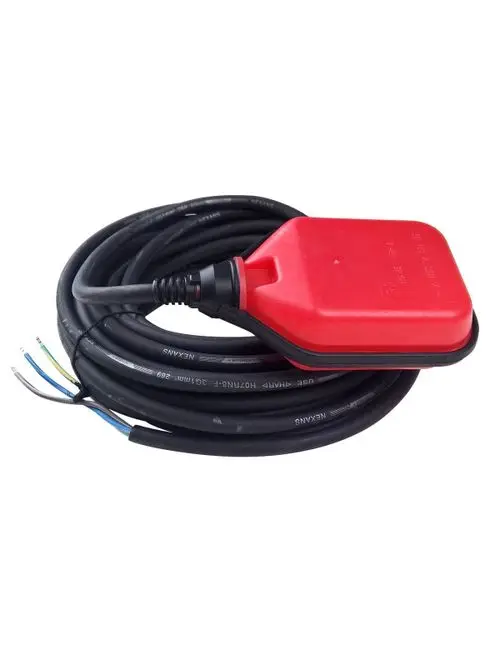 Schwimmerschalter mit rotem Gehäuse und elektrischem Anschluss, umgeben von einem Kabel mit mehreren Adern. Produkt von Grundfos für den Einsatz in Pumpensystemen.