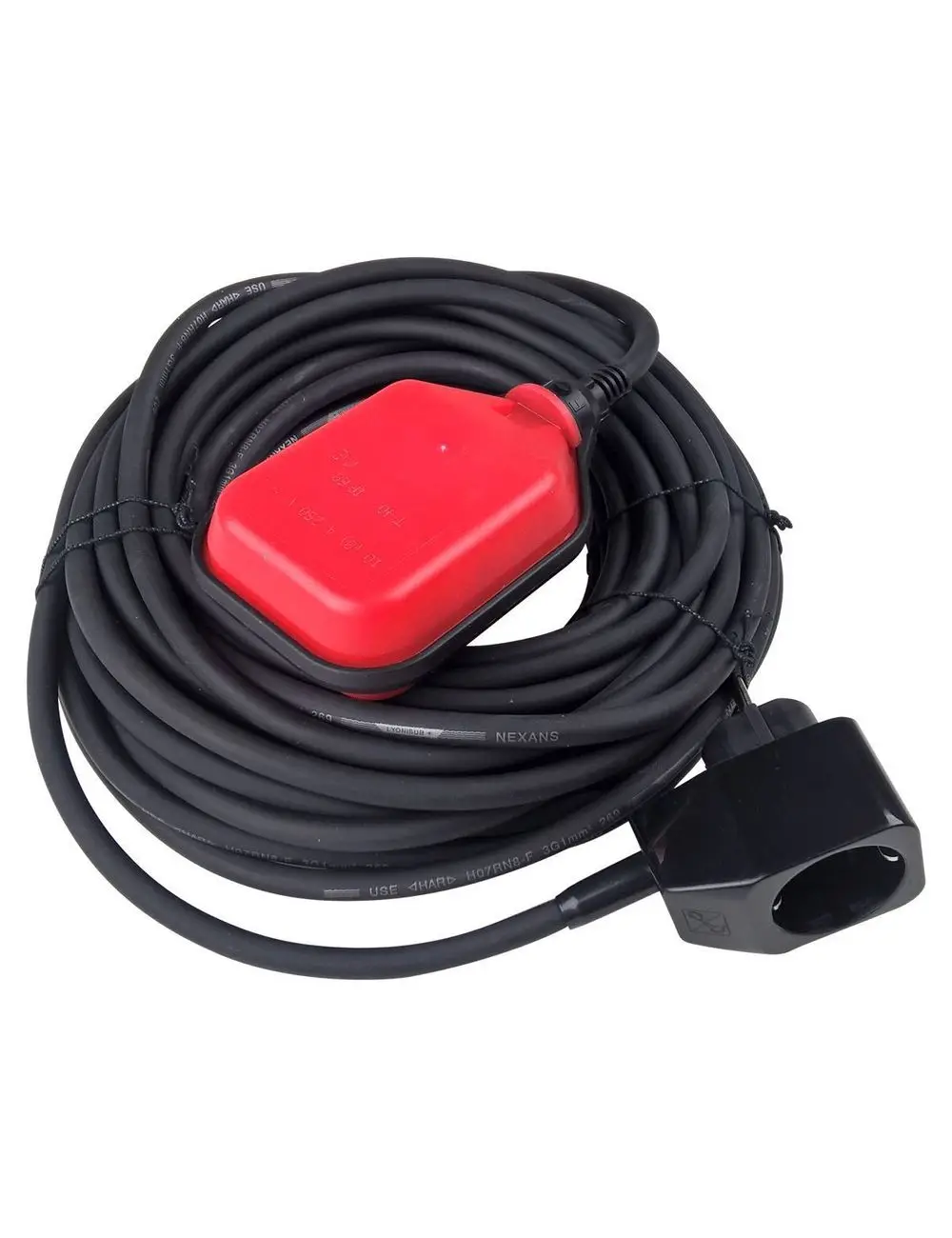 Schwarzes Kabel mit rotem Schwimmerschalter und Steckdose, hergestellt von Grundfos. Das Kabel ist aufgerollt, bereit zur Nutzung in Elektroanwendungen.