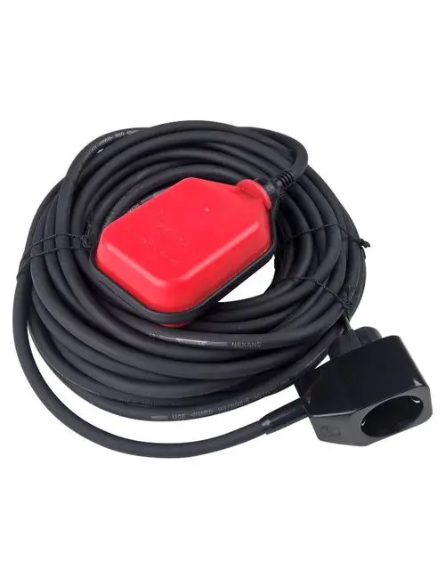Schwarzes Kabel mit rotem Schwimmerschalter und Steckdose, hergestellt von Grundfos. Das Kabel ist aufgerollt, bereit zur Nutzung in Elektroanwendungen.