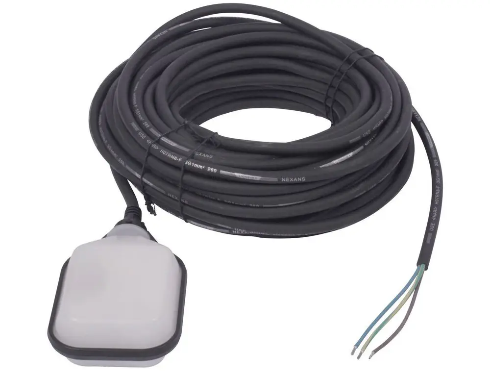 Schwimmerschalter von Grundfos mit langem Kabel, Anschlussstecker und mehreren Adern in unterschiedlichen Farben. Geeignet für Wasserstandsüberwachung.