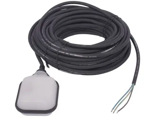 Schwimmerschalter von Grundfos mit langem Kabel, Anschlussstecker und mehreren Adern in unterschiedlichen Farben. Geeignet für Wasserstandsüberwachung.