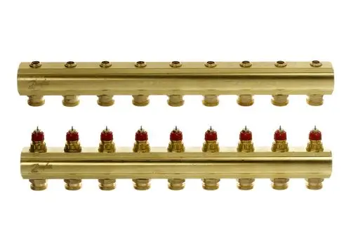 Danfoss FBH-Verteiler mit mehreren Anschlüssen zur Verteilung von Heizungswasser, ohne Durchflussanzeige, im metallenen Design.