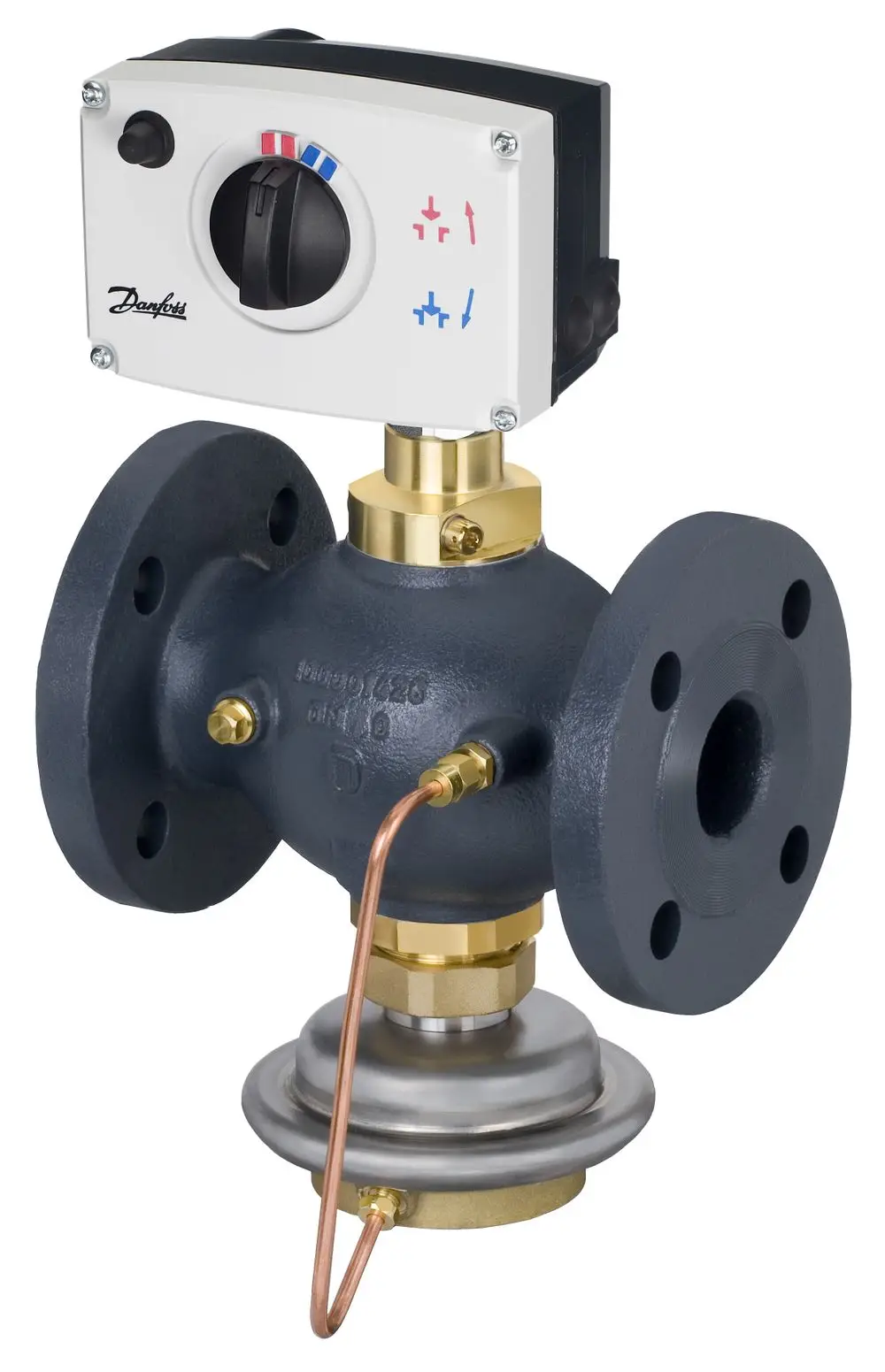 Danfoss elektrischer Stellantrieb mit einem Regelkopf und drei Anschlüssen zur Steuerung in einem Heizungs- oder Kühlsystem. Verbunden mit einem Metallkörper.