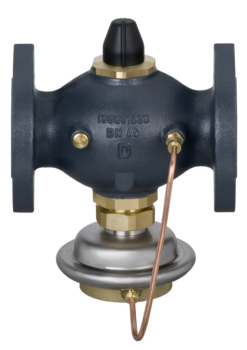 Danfoss Volumenstromregler mit zwei Flanschen und einem Einstellknopf, ausgestattet mit einer Kupferleitung, zur Regelung des Durchflusses in Heizsystemen.