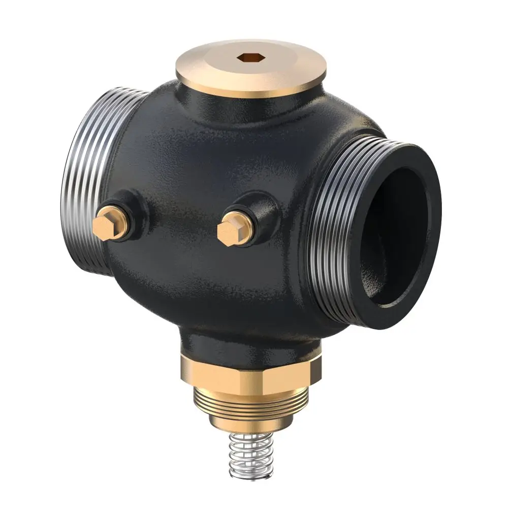 Durchgangsventil mit Außengewinde, gefertigt aus GGG-40,3. Das Produkt wurde von Danfoss entworfen und zeigt zwei Anschlüsse sowie eine zentrale Öffnung.