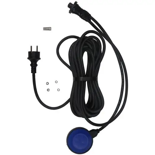 Schwarzes Kabelset von Grundfos mit Steckdose, blauer Taste, einschließlich Montagematerial, für den Anschluss an ein Gerät.