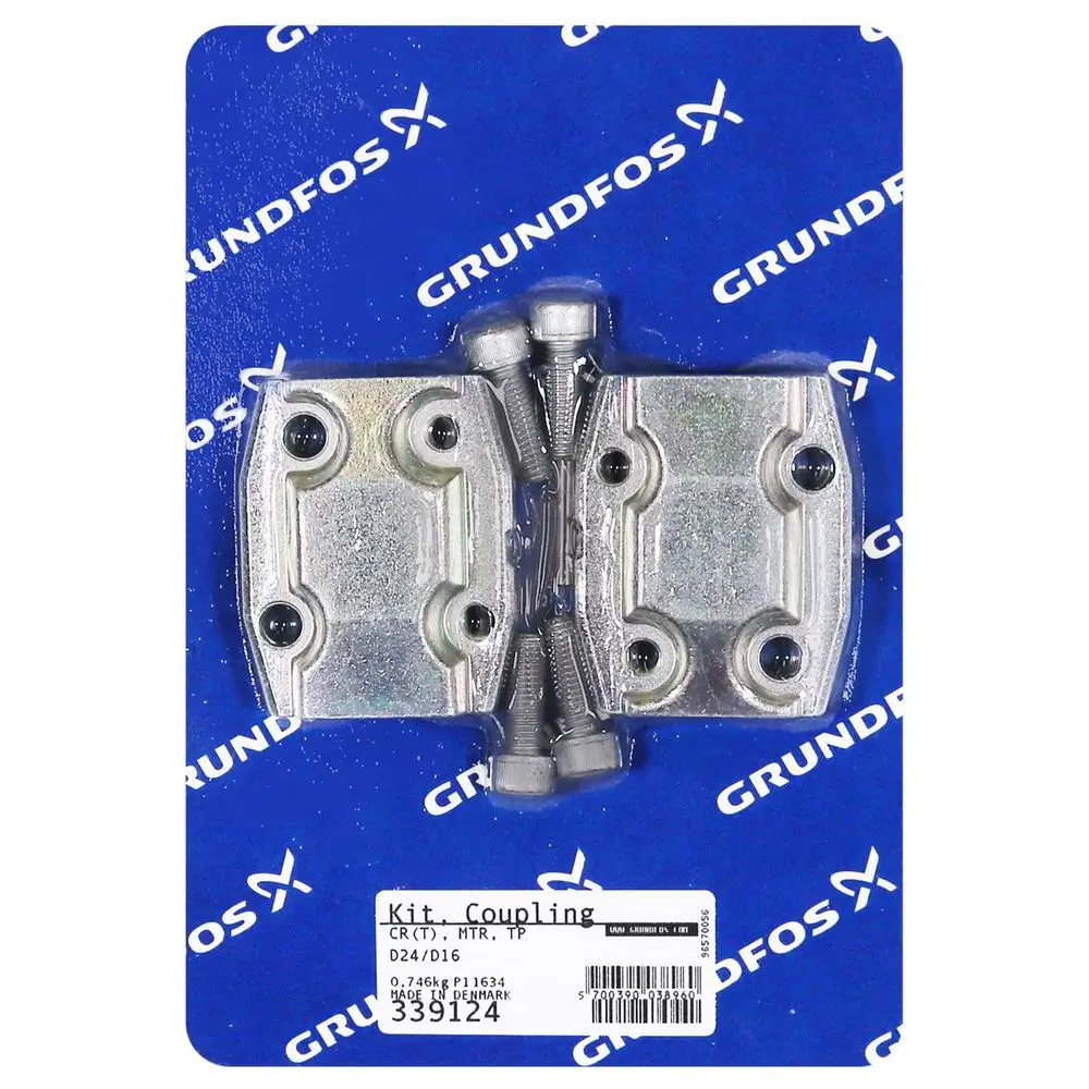 Kupplungsteil von Grundfos auf blauer Verpackung, bestehend aus metallischen Teilen und Schrauben, geeignet für technische Anwendungen.