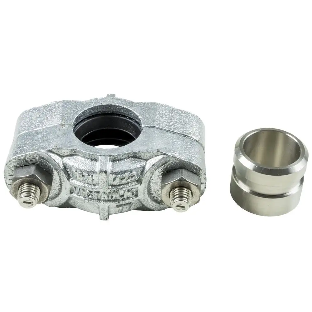 Kupplungsteile, bestehend aus einer metallischen Kupplung mit Dichtung und einem zweiten, zylindrischen Teil. Zubehör für Grundfos vertikale Kreiselpumpen.
