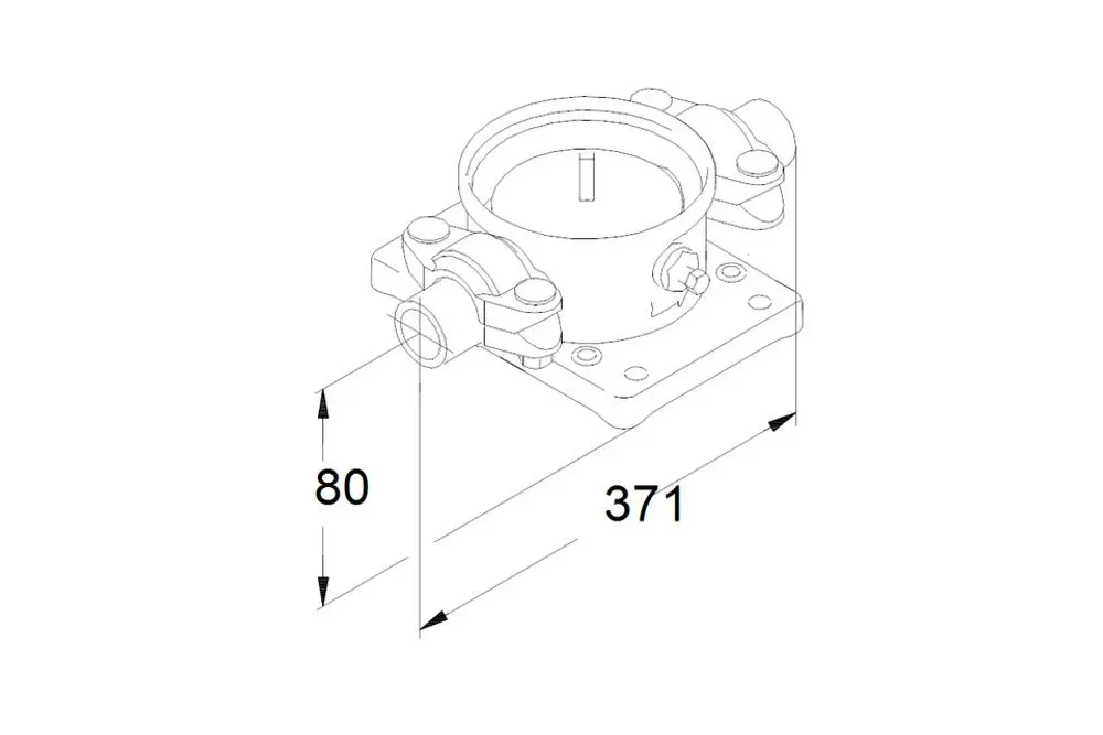 Grundfos Zubehör für Pumpen, gezeichnetes Bauteil mit Anschlussmöglichkeiten, zeigt eine kreisförmige Öffnung und Befestigungselemente. Maße sind im Bild angegeben.